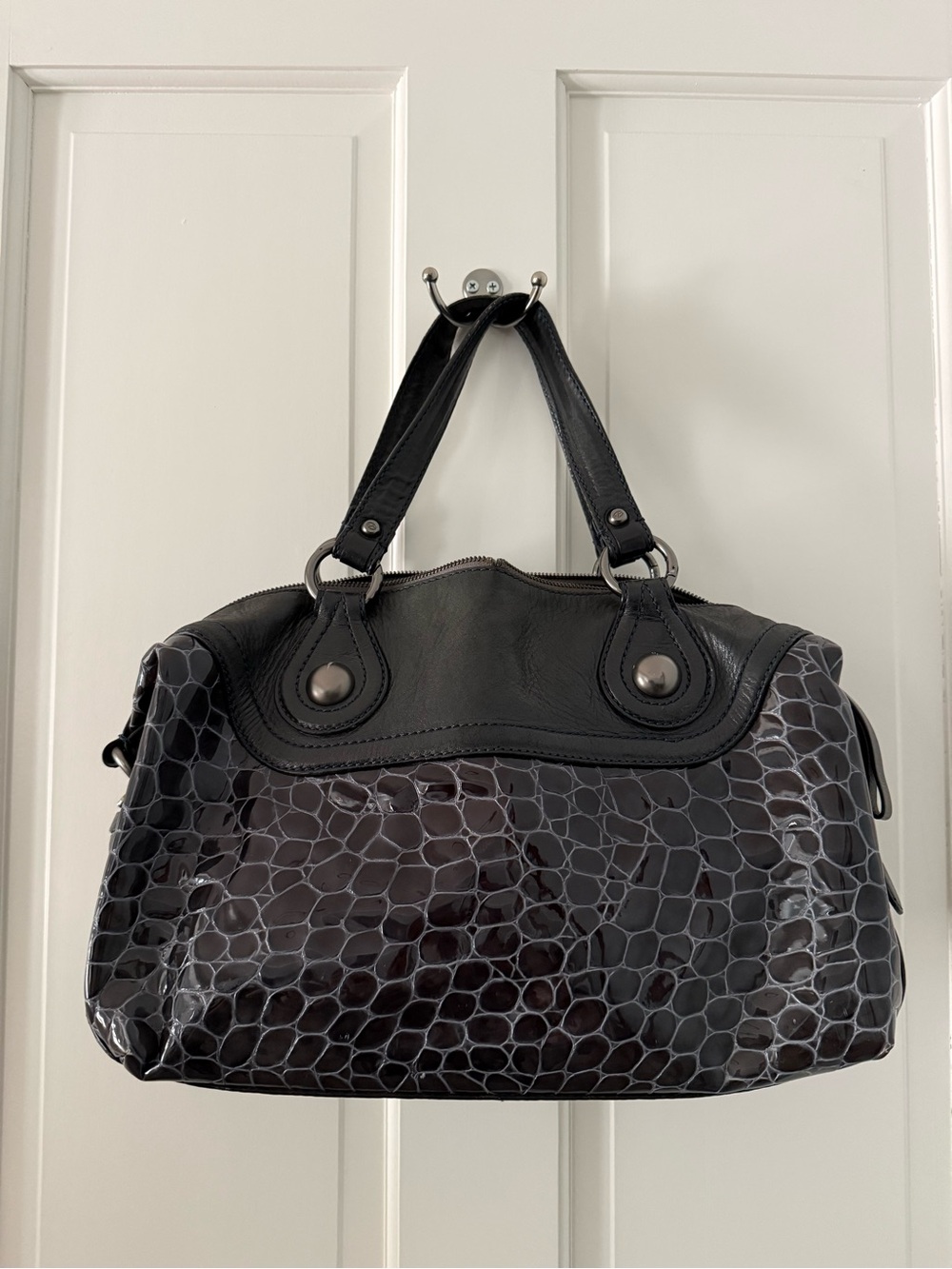 Francesco Biasia Croc-Embossed Patent Satchel Handbag